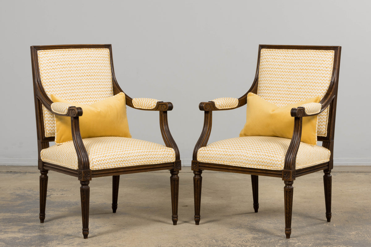 Antique French Louis XVI Style Walnut Armchairs in Yellow Linen - A Pair