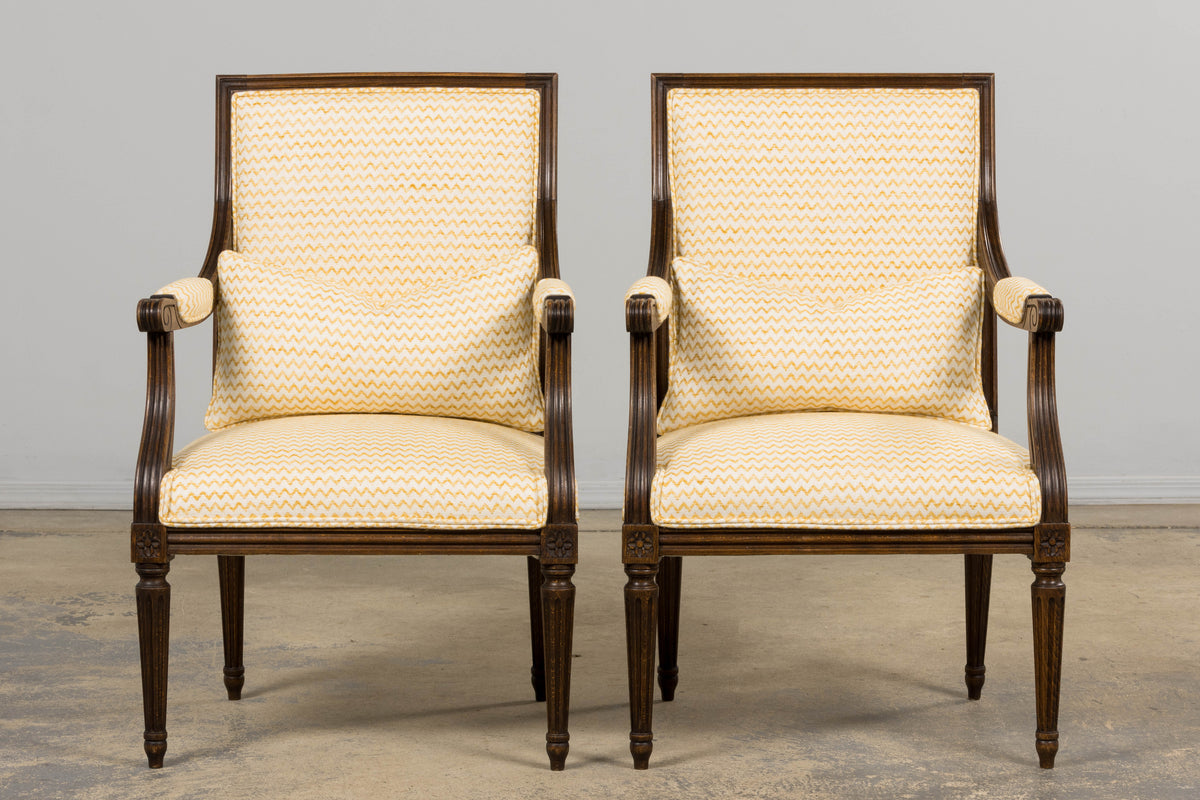 Antique French Louis XVI Style Walnut Armchairs in Yellow Linen - A Pair