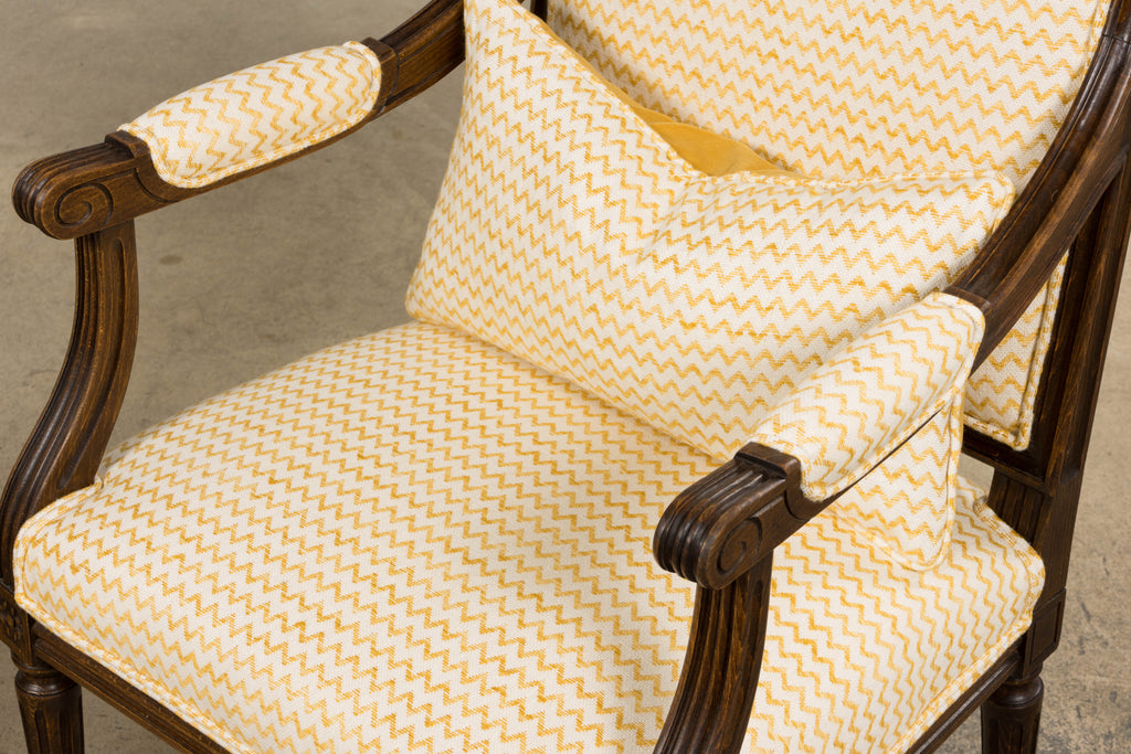 Antique French Louis XVI Style Walnut Armchairs in Yellow Linen - A Pair