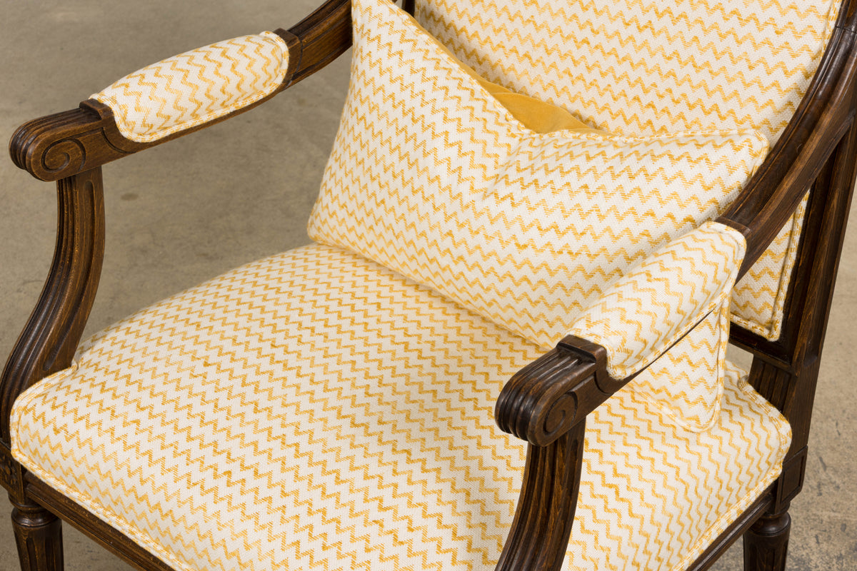 Antique French Louis XVI Style Walnut Armchairs in Yellow Linen - A Pair
