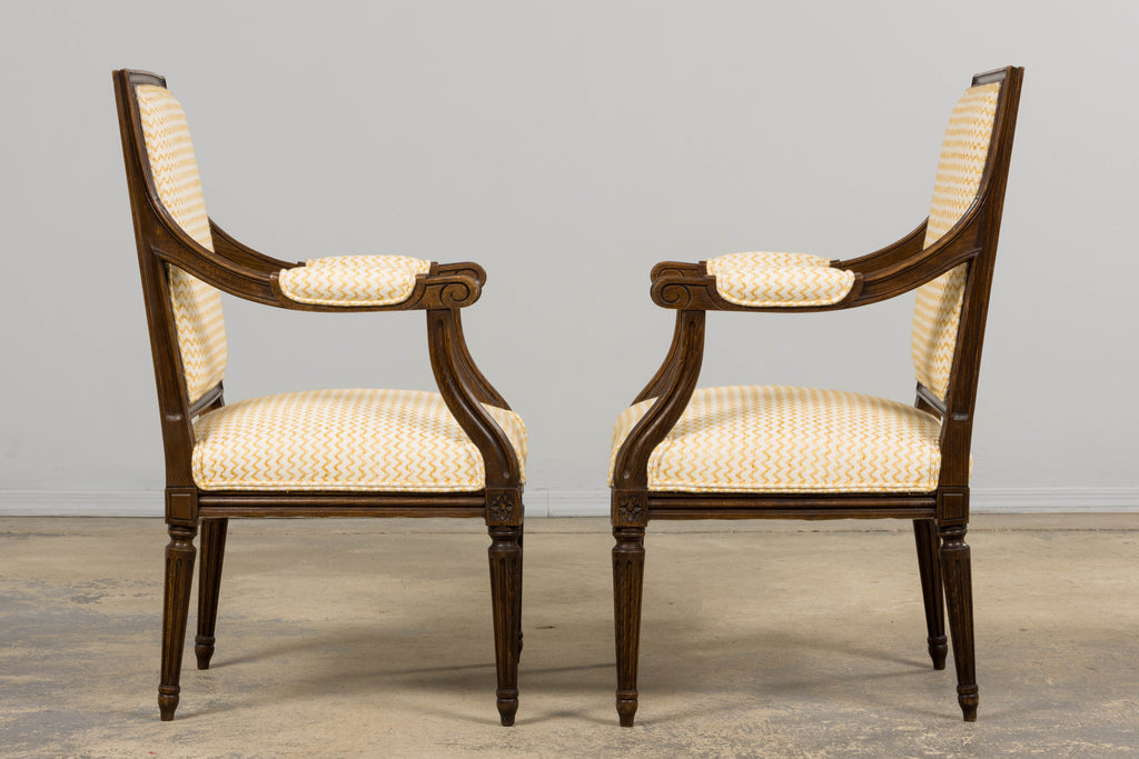 Antique French Louis XVI Style Walnut Armchairs in Yellow Linen - A Pair