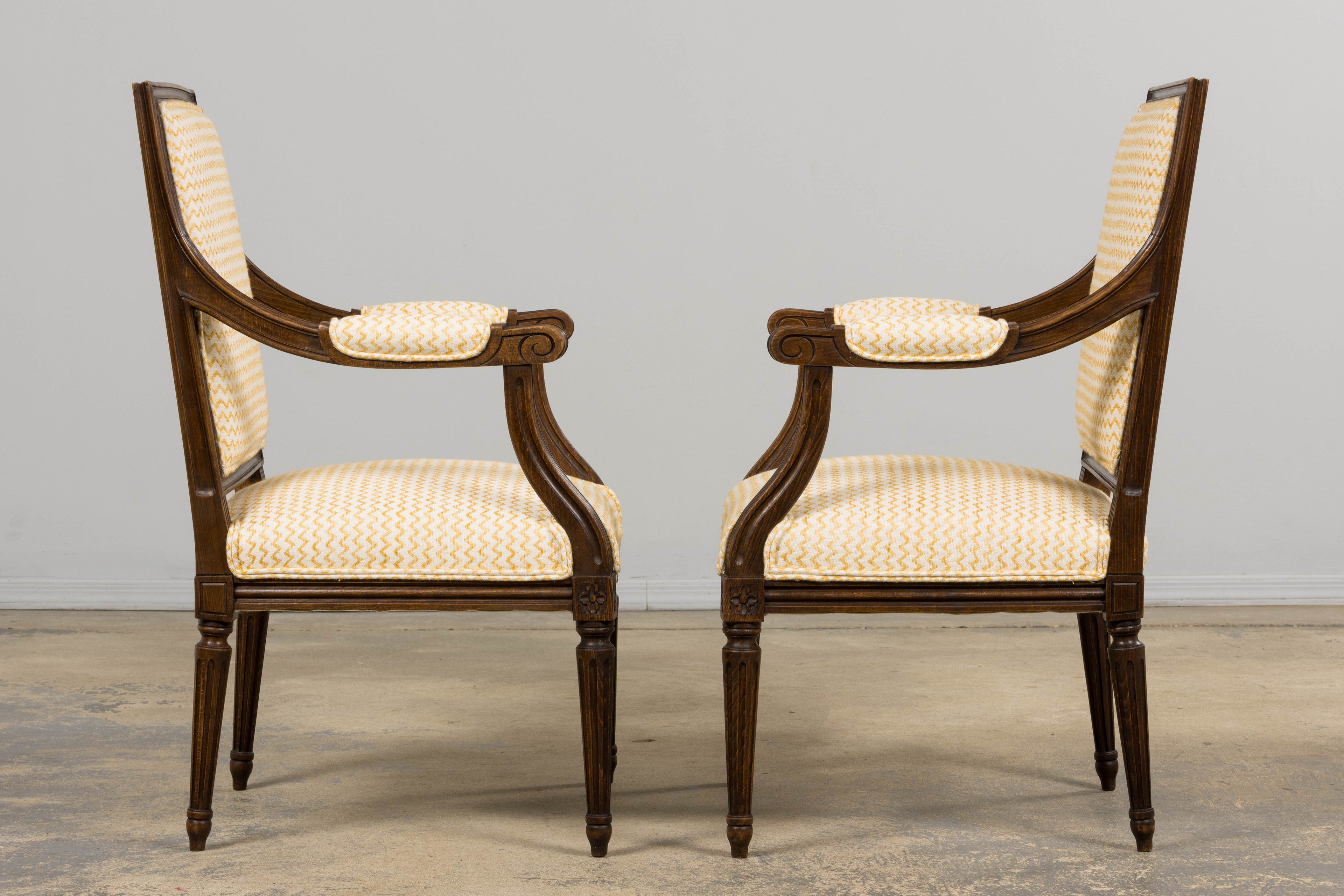 Antique French Louis XVI Style Walnut Armchairs in Yellow Linen - A Pair