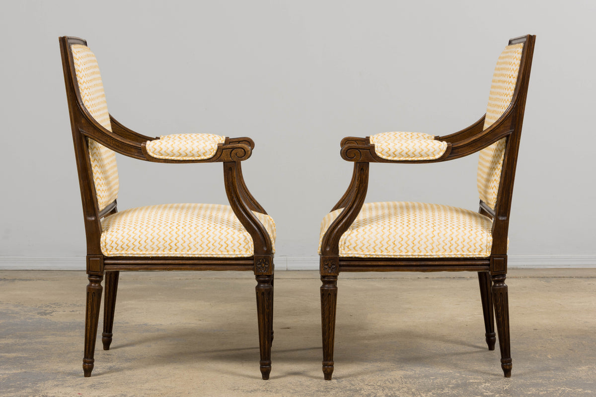 Antique French Louis XVI Style Walnut Armchairs in Yellow Linen - A Pair