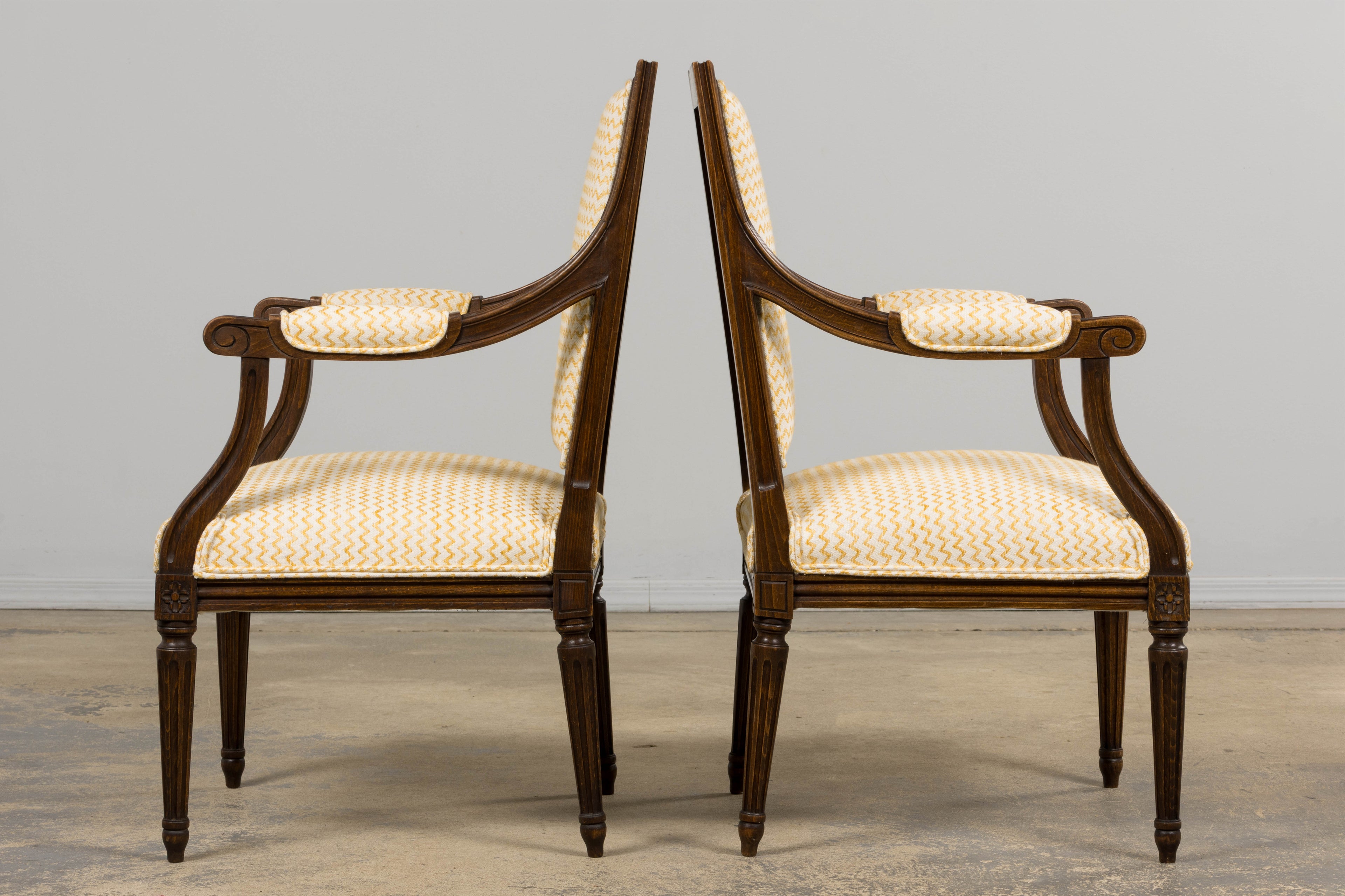 Antique French Louis XVI Style Walnut Armchairs in Yellow Linen - A Pair