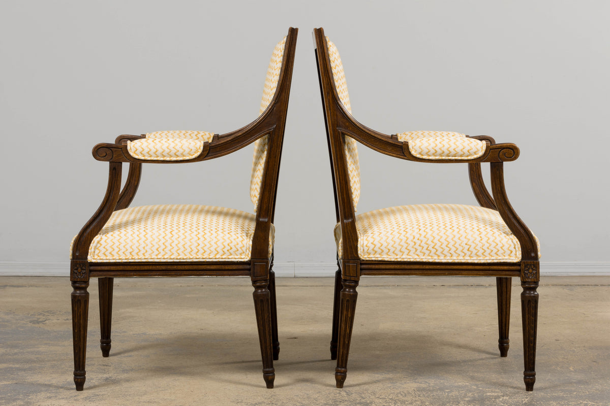 Antique French Louis XVI Style Walnut Armchairs in Yellow Linen - A Pair