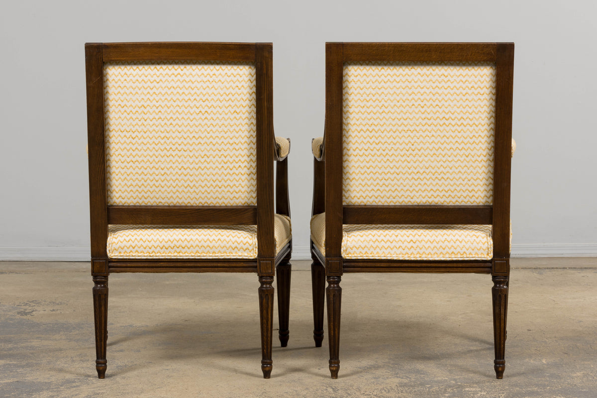 Antique French Louis XVI Style Walnut Armchairs in Yellow Linen - A Pair
