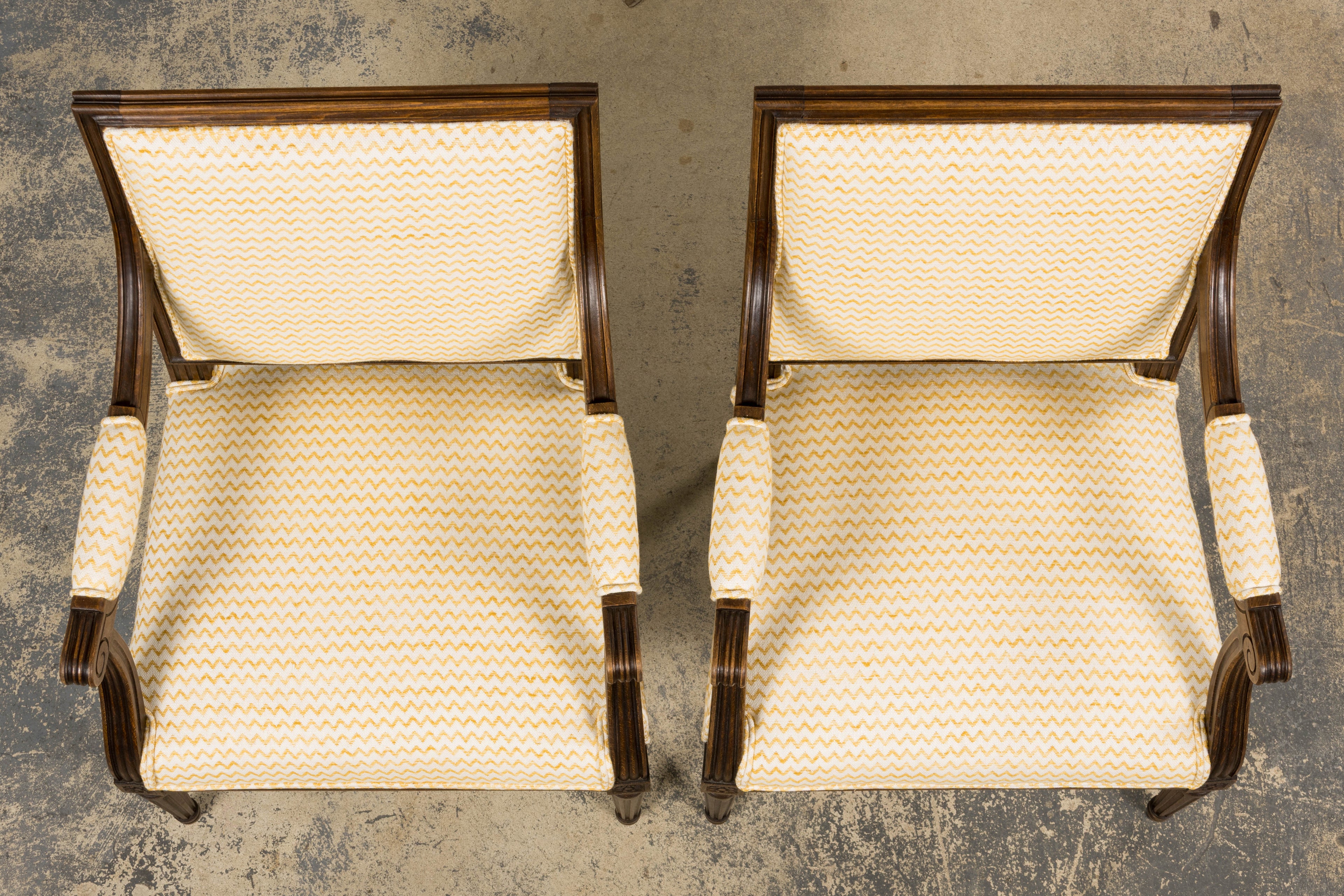 Antique French Louis XVI Style Walnut Armchairs in Yellow Linen - A Pair