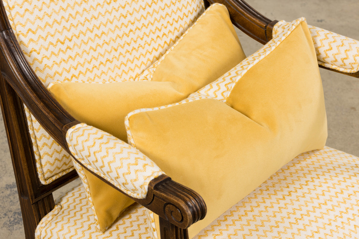 Antique French Louis XVI Style Walnut Armchairs in Yellow Linen - A Pair