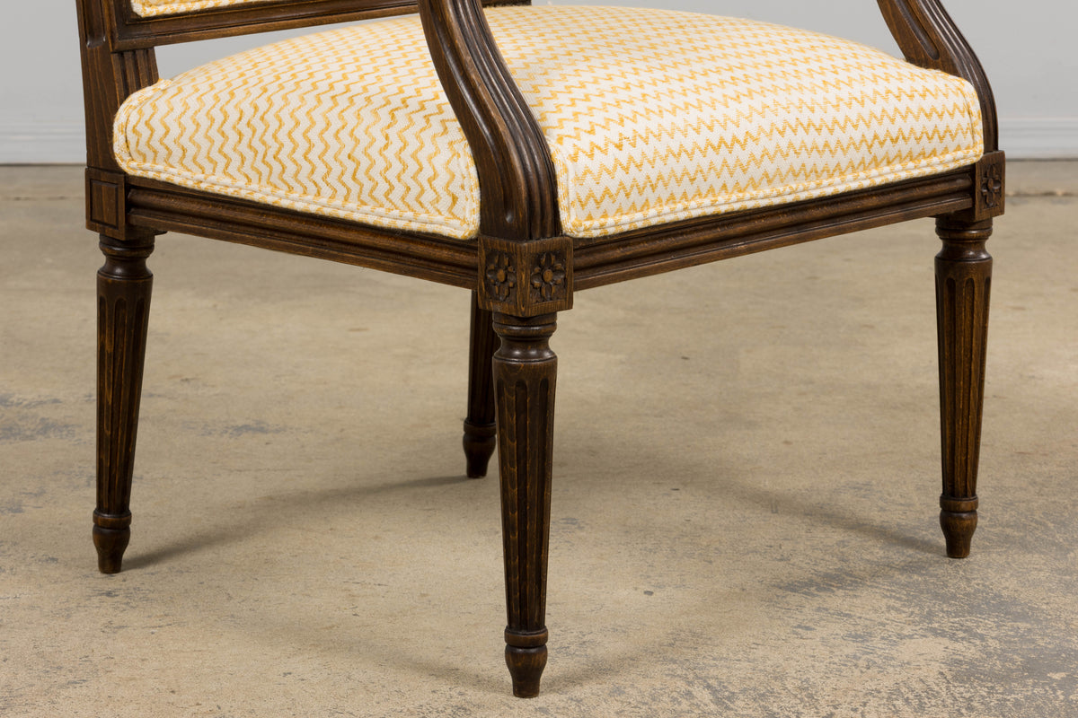 Antique French Louis XVI Style Walnut Armchairs in Yellow Linen - A Pair