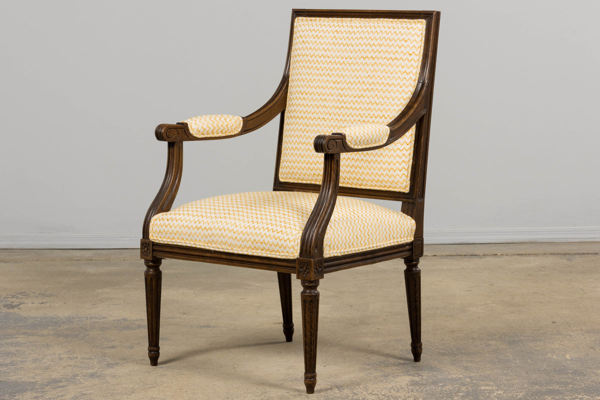 Antique French Louis XVI Style Walnut Armchairs in Yellow Linen - A Pair