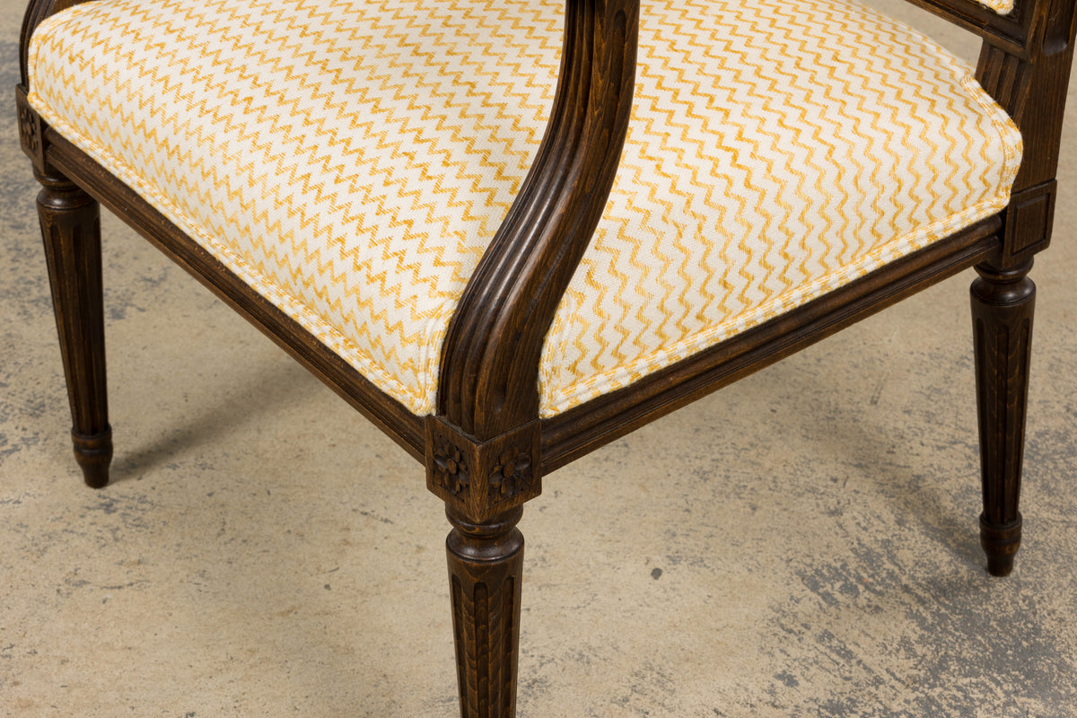 Antique French Louis XVI Style Walnut Armchairs in Yellow Linen - A Pair