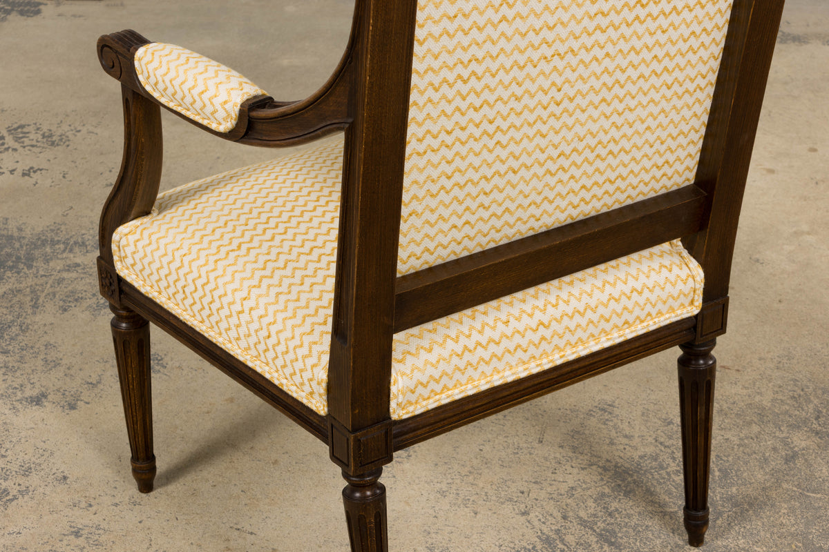 Antique French Louis XVI Style Walnut Armchairs in Yellow Linen - A Pair