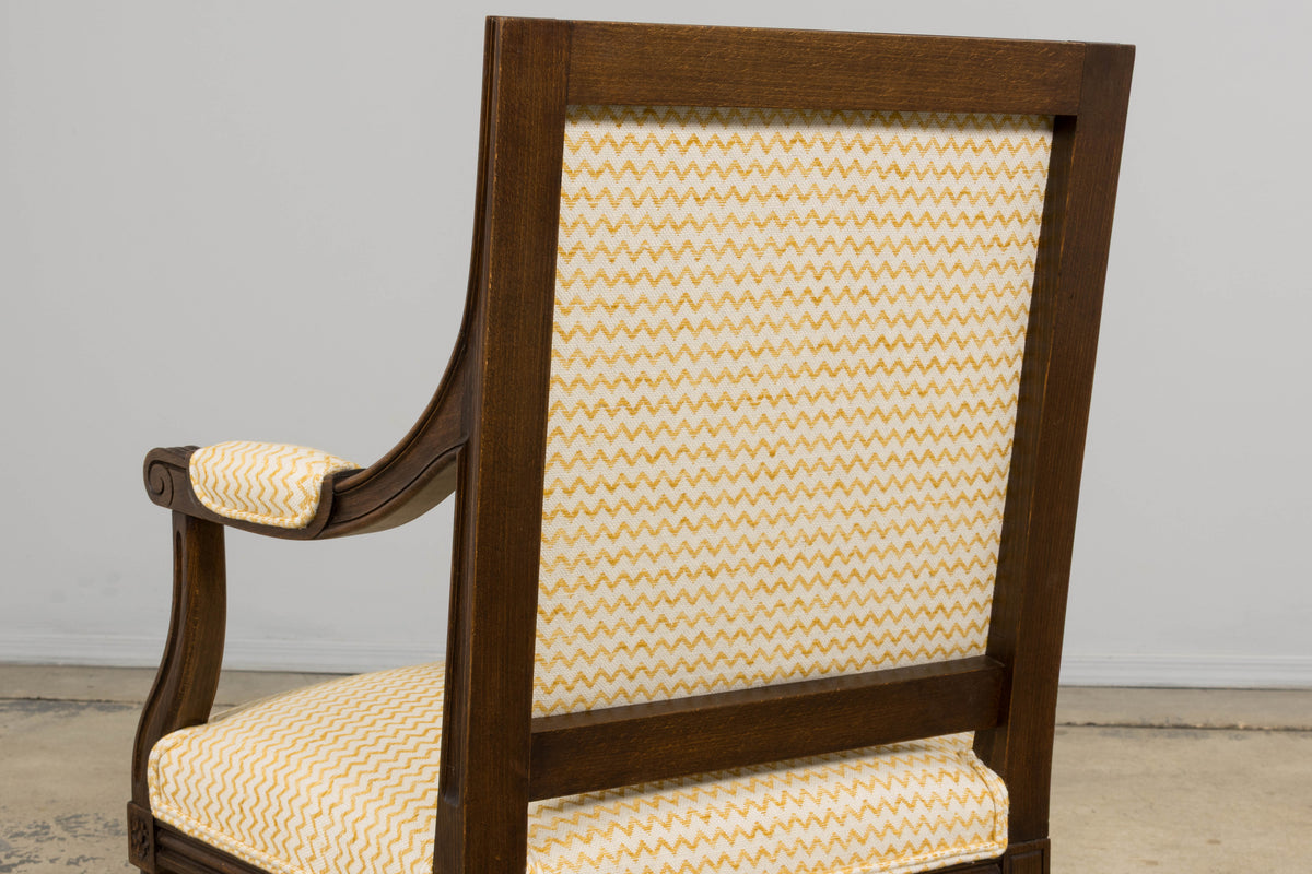 Antique French Louis XVI Style Walnut Armchairs in Yellow Linen - A Pair