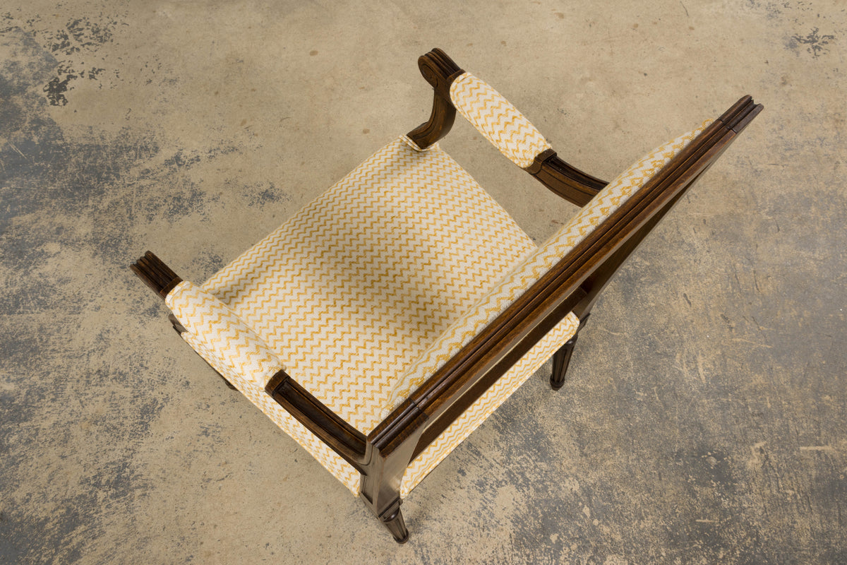 Antique French Louis XVI Style Walnut Armchairs in Yellow Linen - A Pair