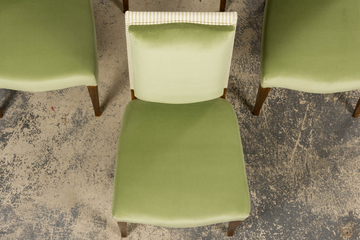 1930s French Art Deco Maple Dining Chairs in Sage Green Velvet - Set of 6