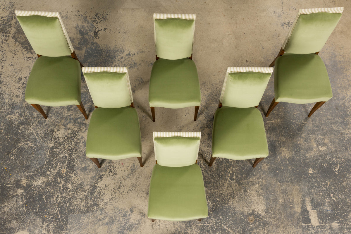 1930s French Art Deco Maple Dining Chairs in Sage Green Velvet - Set of 6