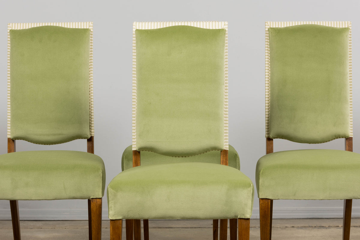 1930s French Art Deco Maple Dining Chairs in Sage Green Velvet - Set of 6