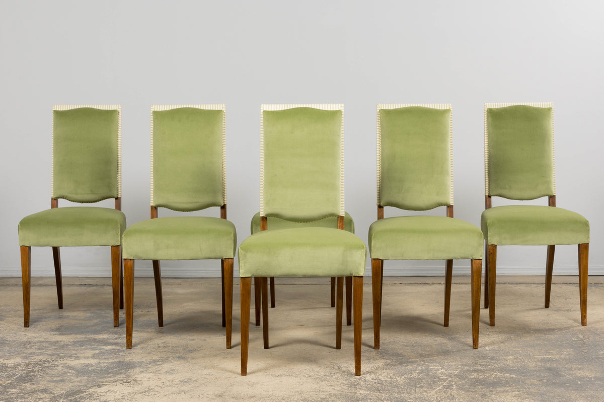 1930s French Art Deco Maple Dining Chairs in Sage Green Velvet - Set of 6