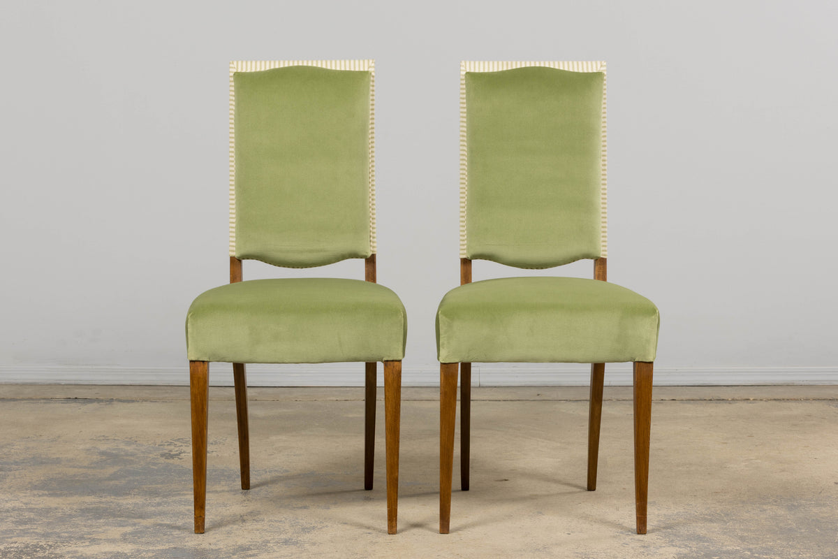 1930s French Art Deco Maple Dining Chairs in Sage Green Velvet - Set of 6