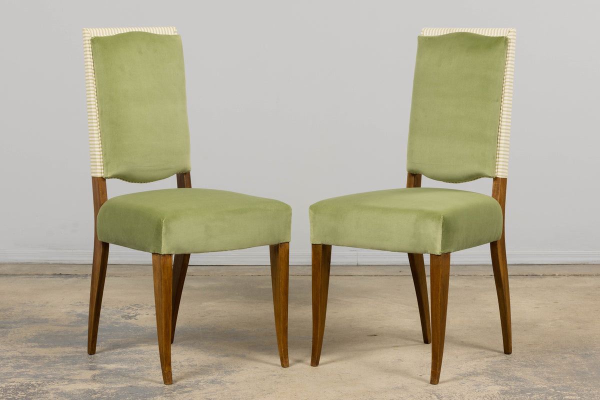 1930s French Art Deco Maple Dining Chairs in Sage Green Velvet - Set of 6