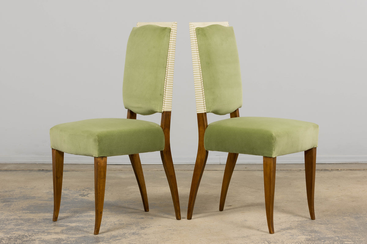 1930s French Art Deco Maple Dining Chairs in Sage Green Velvet - Set of 6