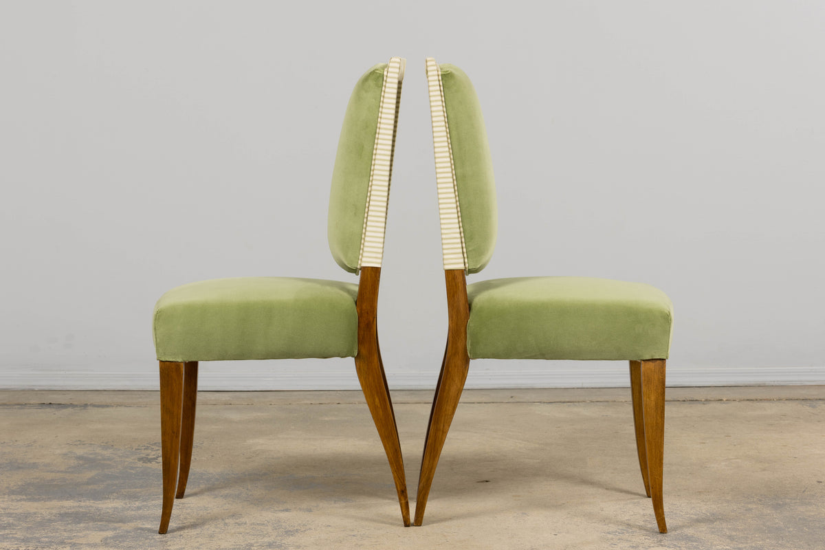 1930s French Art Deco Maple Dining Chairs in Sage Green Velvet - Set of 6
