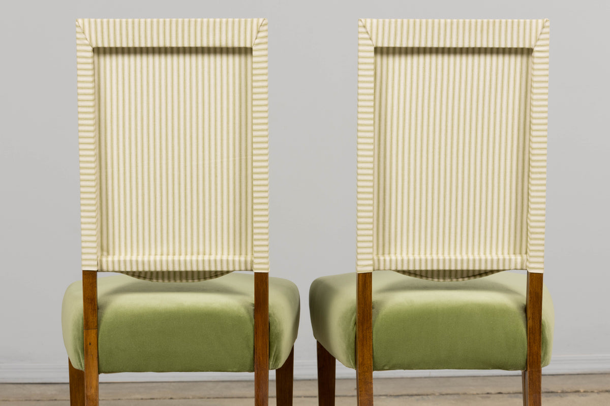 1930s French Art Deco Maple Dining Chairs in Sage Green Velvet - Set of 6