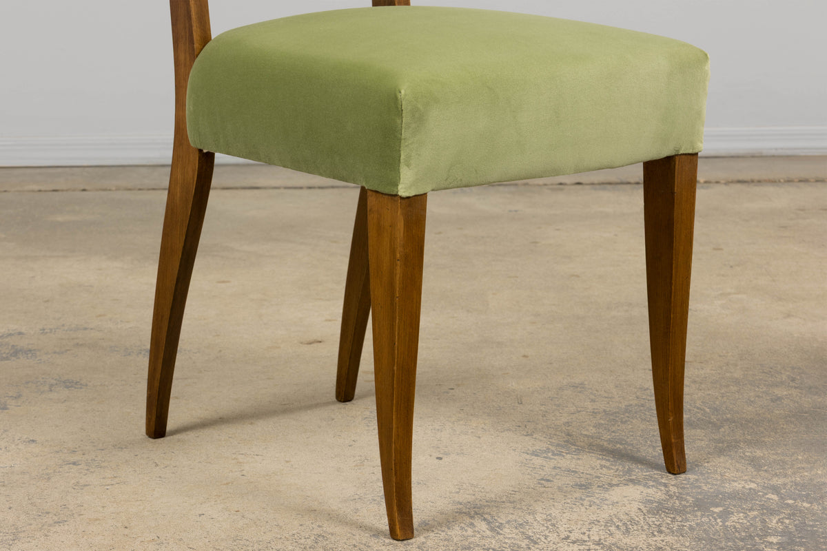 1930s French Art Deco Maple Dining Chairs in Sage Green Velvet - Set of 6