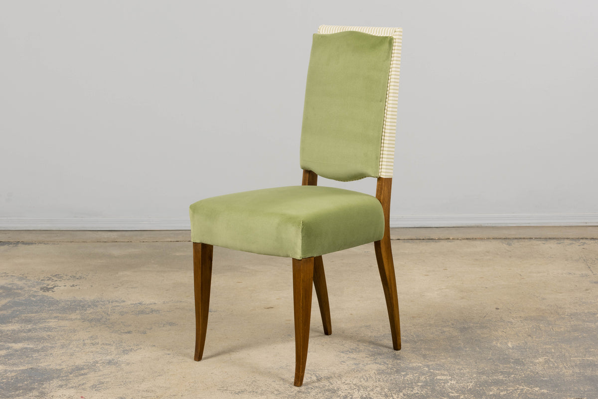 1930s French Art Deco Maple Dining Chairs in Sage Green Velvet - Set of 6