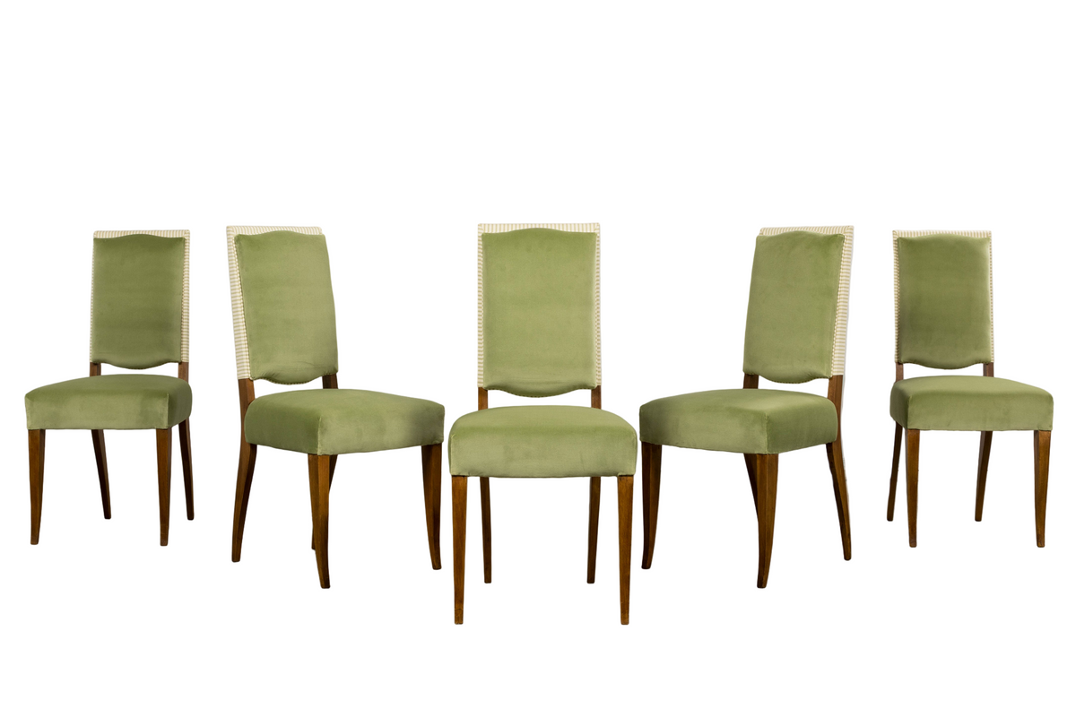 1930s French Art Deco Maple Dining Chairs in Sage Green Velvet - Set of 6