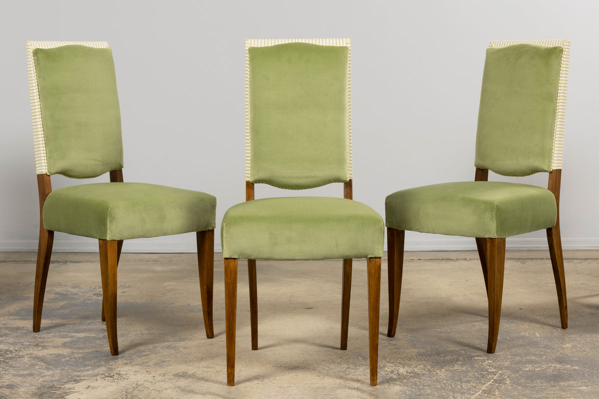 1930s French Art Deco Maple Dining Chairs in Sage Green Velvet - Set of 6