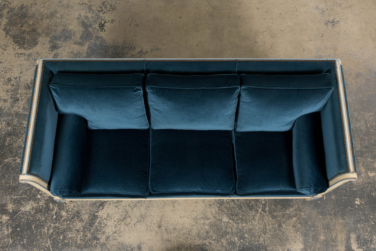 Antique French Directoire Style Painted Sofa in Blue Velvet