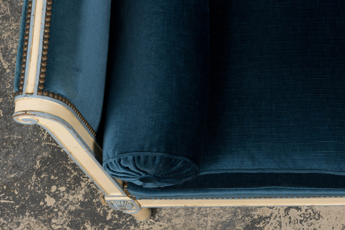 Antique French Directoire Style Painted Sofa in Blue Velvet