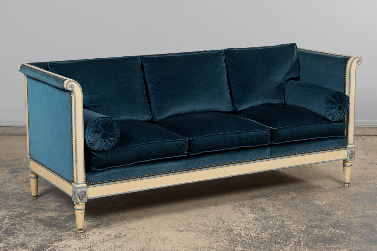Antique French Directoire Style Painted Sofa in Blue Velvet