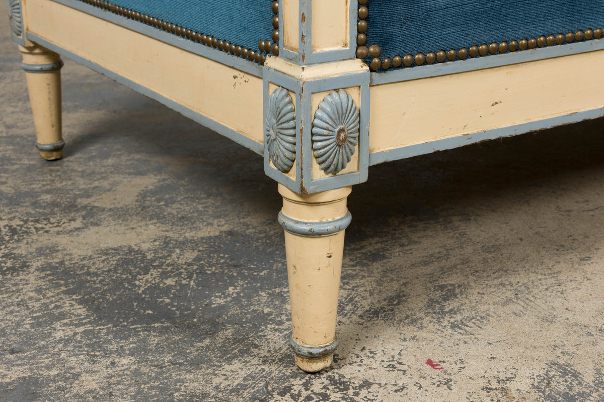 Antique French Directoire Style Painted Sofa in Blue Velvet