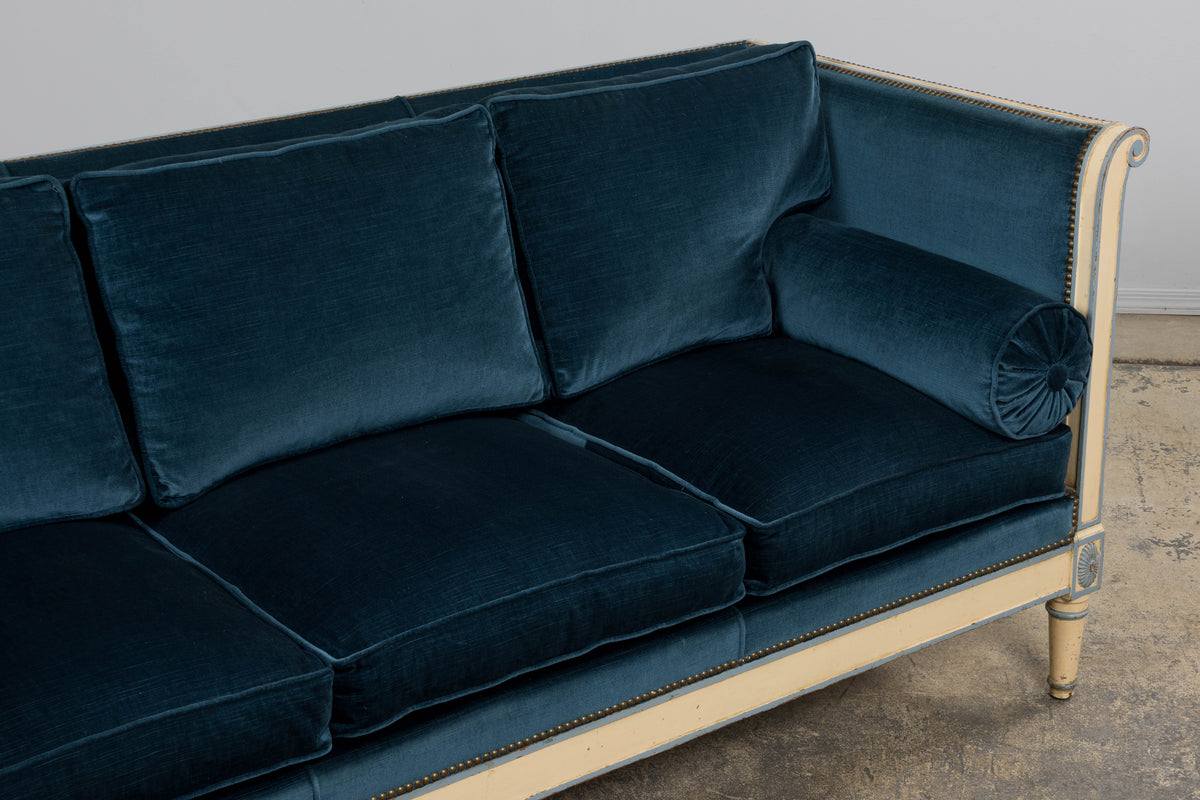 Antique French Directoire Style Painted Sofa in Blue Velvet