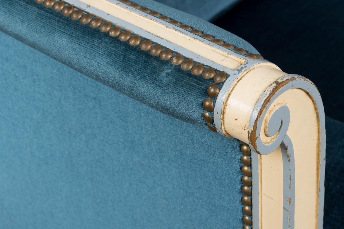 Antique French Directoire Style Painted Sofa in Blue Velvet