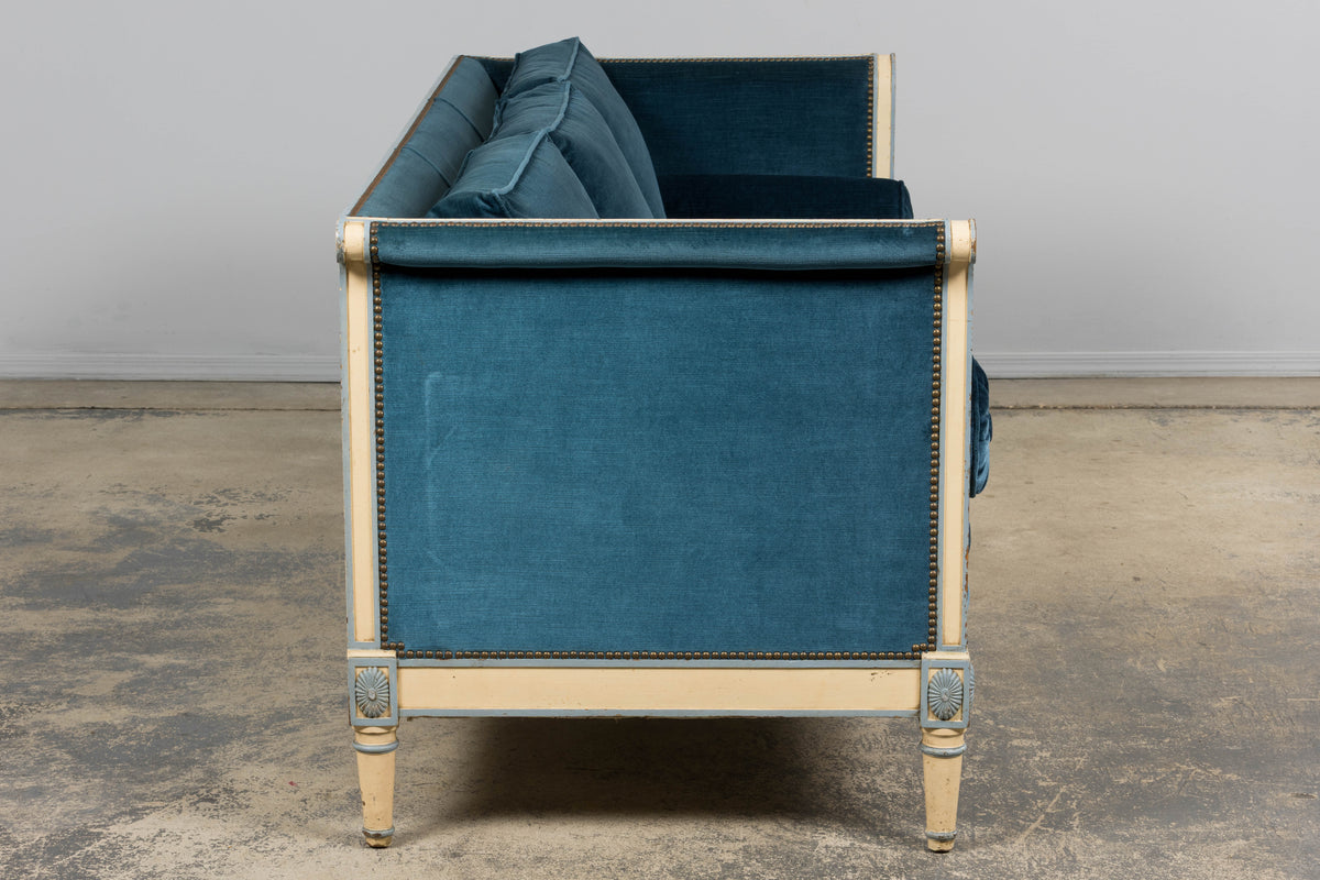 Antique French Directoire Style Painted Sofa in Blue Velvet