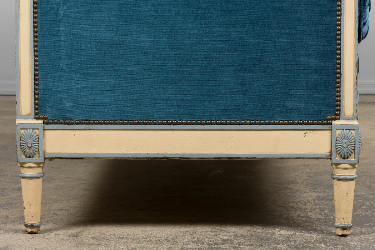 Antique French Directoire Style Painted Sofa in Blue Velvet