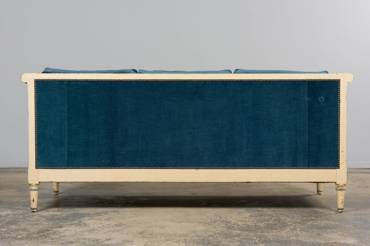 Antique French Directoire Style Painted Sofa in Blue Velvet