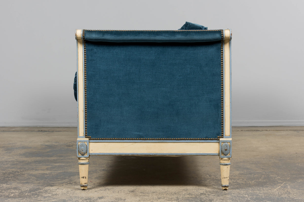 Antique French Directoire Style Painted Sofa in Blue Velvet