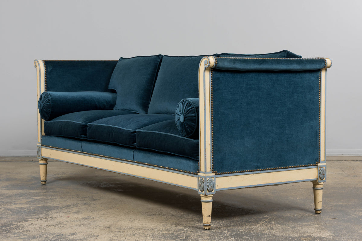 Antique French Directoire Style Painted Sofa in Blue Velvet