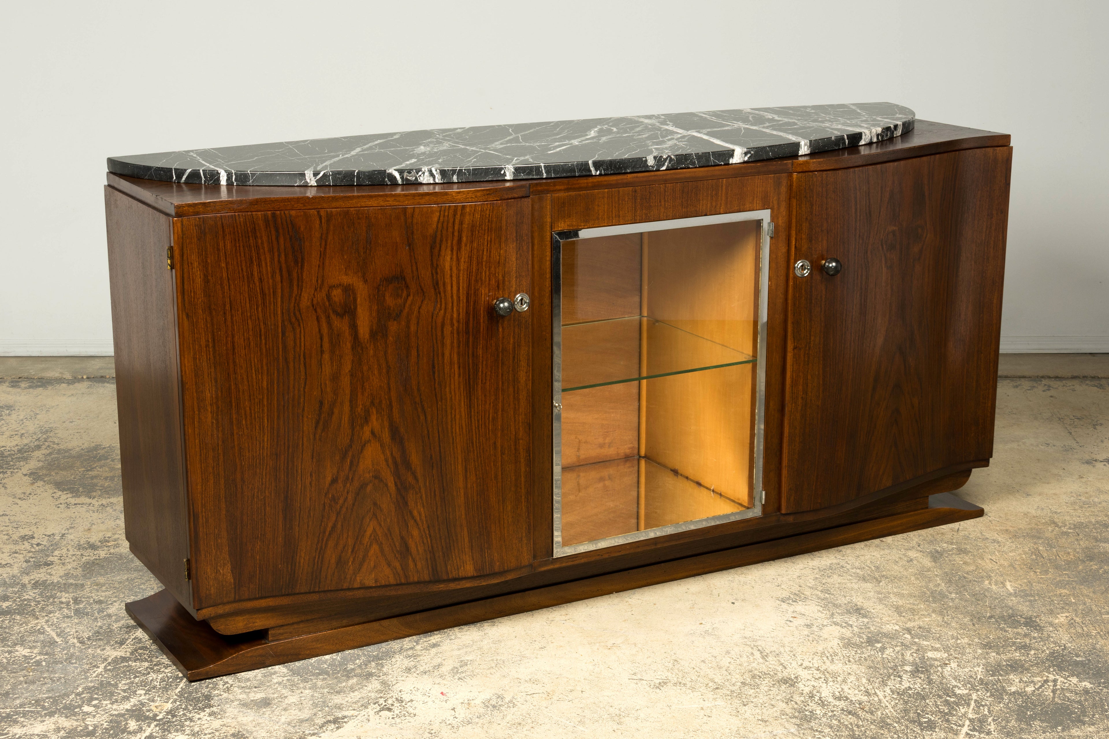 1930s French Art Deco Walnut Sideboard with Black Marble Top