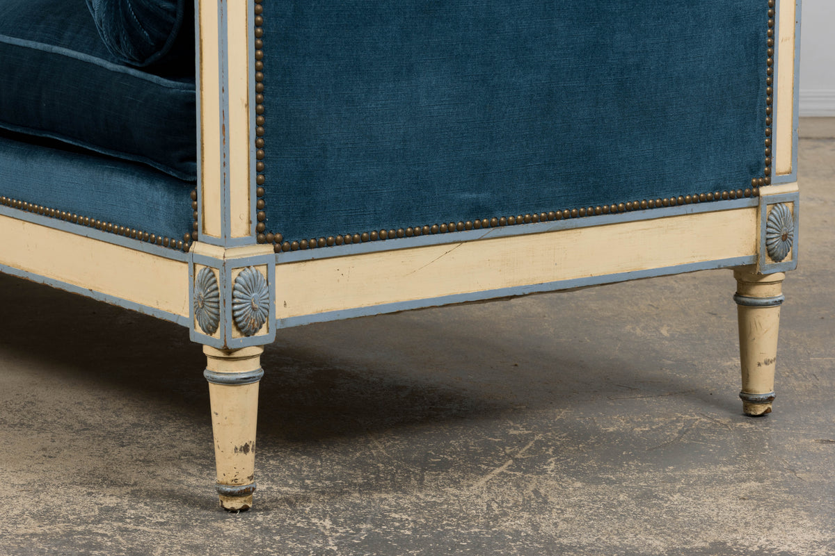 Antique French Directoire Style Painted Sofa in Blue Velvet
