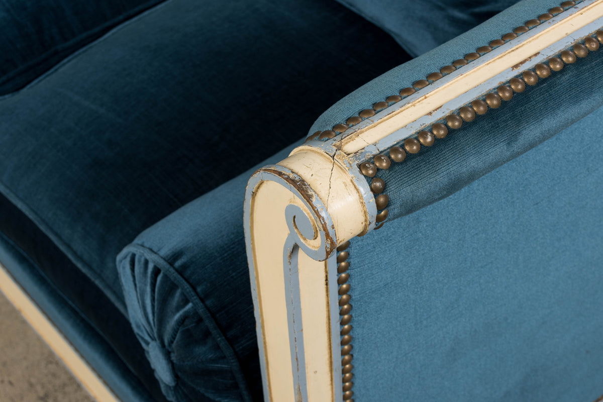 Antique French Directoire Style Painted Sofa in Blue Velvet