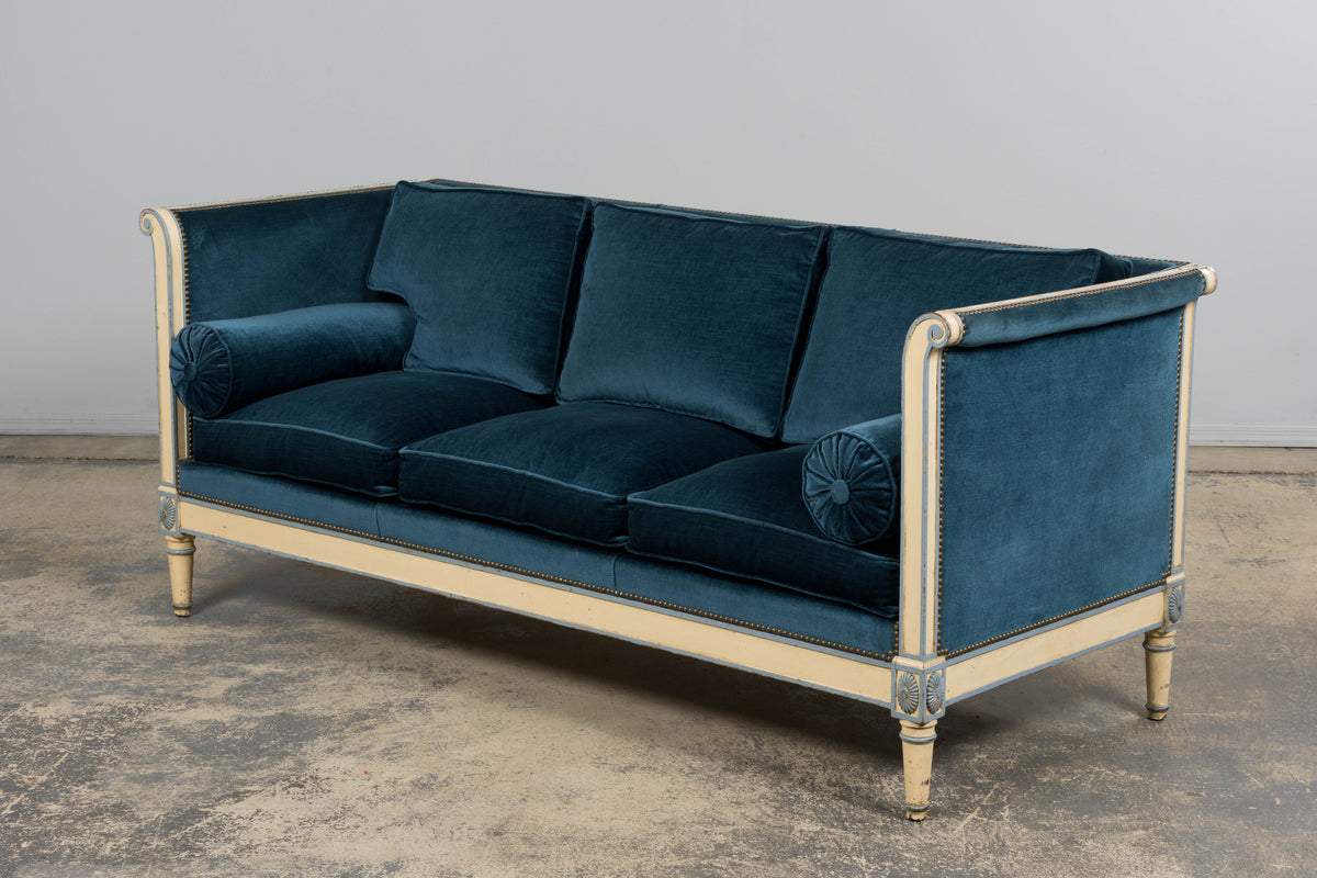 Antique French Directoire Style Painted Sofa in Blue Velvet