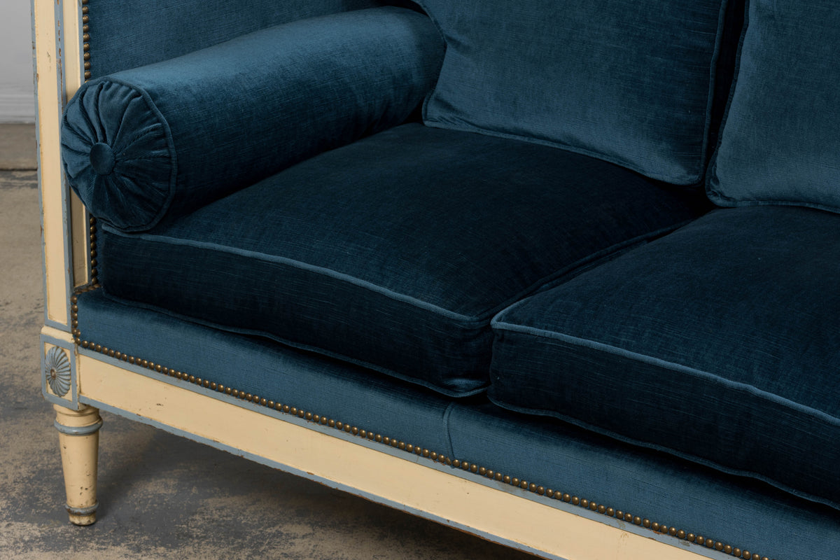 Antique French Directoire Style Painted Sofa in Blue Velvet