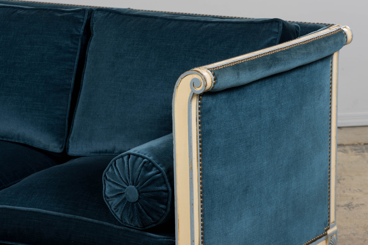 Antique French Directoire Style Painted Sofa in Blue Velvet