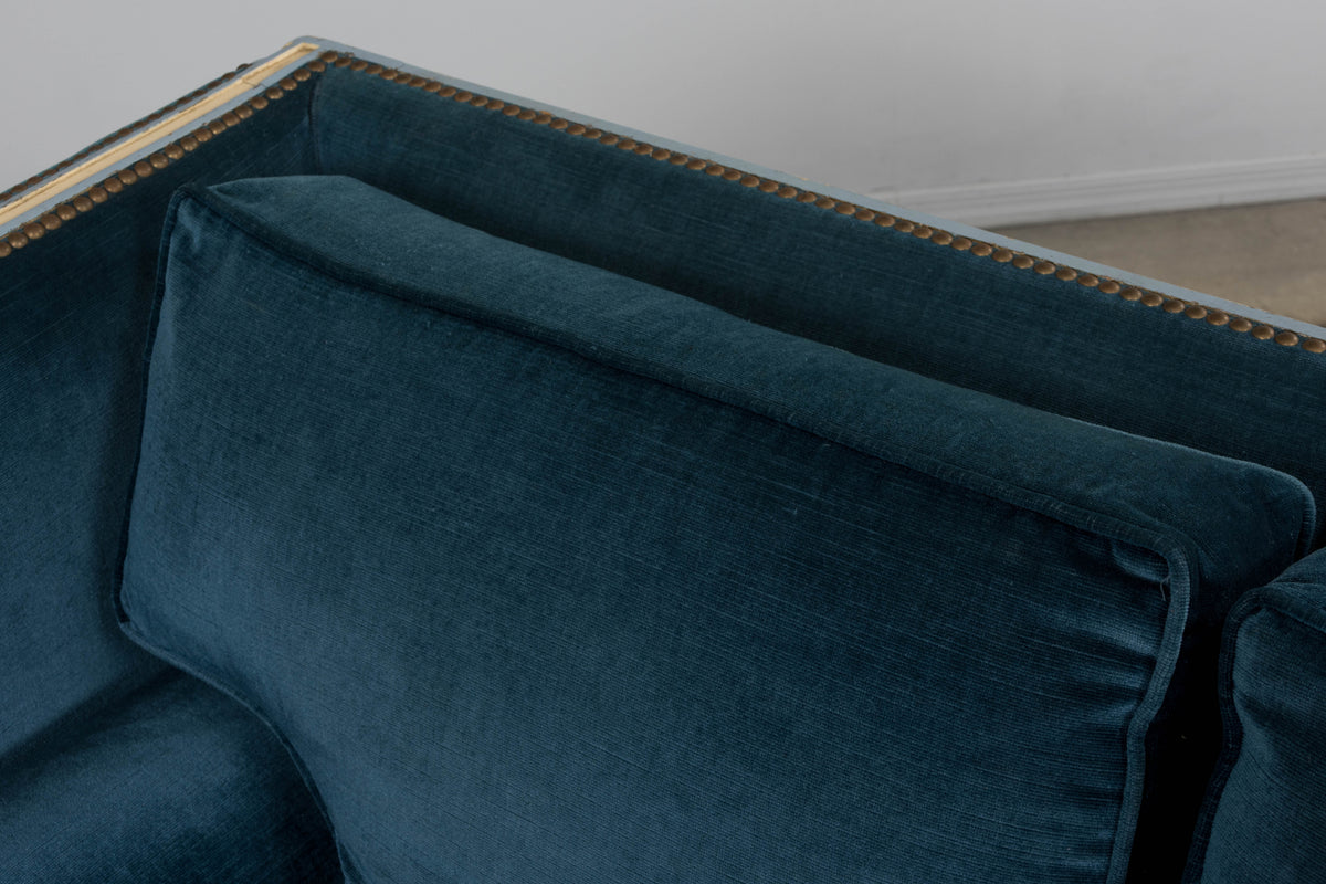 Antique French Directoire Style Painted Sofa in Blue Velvet