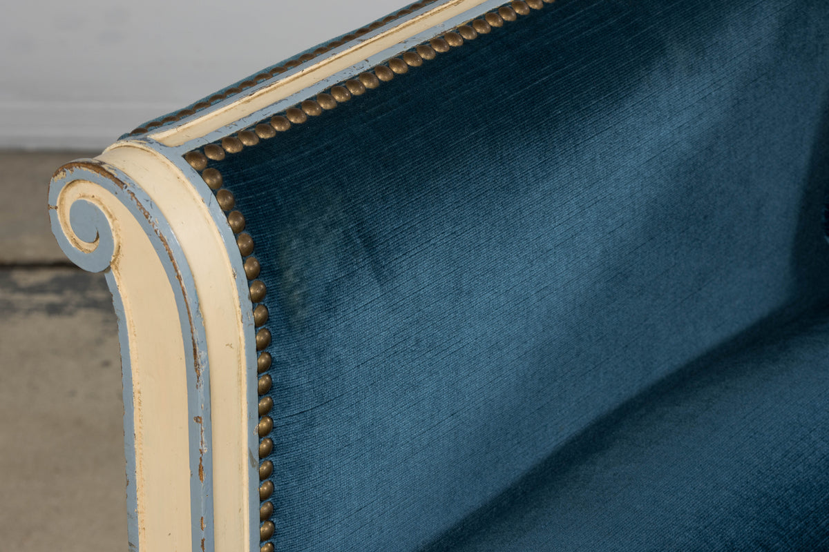 Antique French Directoire Style Painted Sofa in Blue Velvet